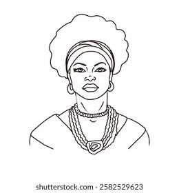 Hand drawn Vector illustration Afro american woman  with a black hair and a gold earring. Black History Month concept.