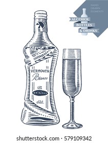 Hand drawn vector illustration with alcohol bottle of vermouth and drink in glass. Black elements isolated on white background.