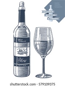Hand drawn vector illustration with alcohol bottle of wine and glass. Black elements isolated on white background.