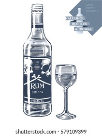 Hand drawn vector illustration with alcohol bottle of rum and drink in glass. Black elements isolated on white background.