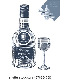 Hand drawn vector illustration with alcohol bottle of whiskey and drink in glass. Black elements isolated on white background.