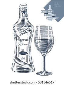 Hand drawn vector illustration with alcohol bottle of vermouth and drink in glass. Black elements isolated on white background.