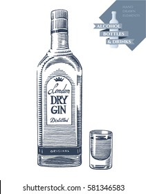 Hand drawn vector illustration with alcohol bottle of gin and drink in glass. Black elements isolated on white background.