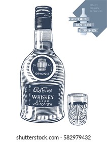 Hand drawn vector illustration with alcohol bottle of whiskey and drink in crystal glass. Black elements isolated on white background.