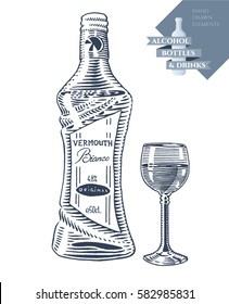 Hand drawn vector illustration with alcohol bottle of vermouth and drink in glass. Black elements isolated on white background.