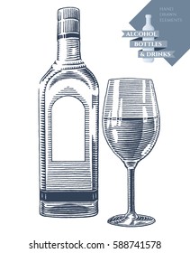 Hand drawn vector illustration with alcohol bottle and drink in glass. Black elements isolated on white background.