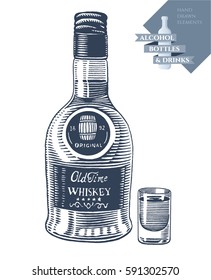 Hand drawn vector illustration with alcohol bottle of whiskey and drink in glass. Black elements isolated on white background.