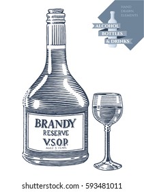 Hand drawn vector illustration with alcohol bottle of brandy and drink in glass. Black elements isolated on white background.