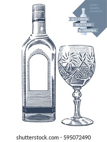 Hand drawn vector illustration with alcohol bottle and drink in crystal glass. Black elements isolated on white background.