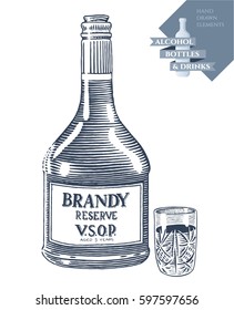 Hand drawn vector illustration with alcohol bottle of brandy and drink in crystal glass. Black elements isolated on white background.