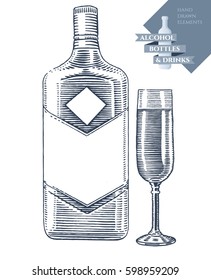 Hand drawn vector illustration with alcohol bottle and drink in glass. Black elements isolated on white background.