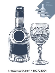 Hand drawn vector illustration with alcohol bottle and drink in crystal glass. Black elements isolated on white background.