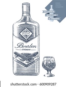 Hand drawn vector illustration with alcohol bottle of bourbon and drink in crystal glass. Black elements isolated on white background.
