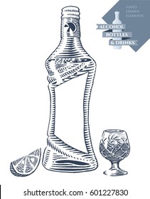 Hand drawn vector illustration with alcohol bottle and drink in crystal glass. Black elements isolated on white background.