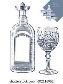 Hand drawn vector illustration with alcohol bottle and drink in crystal glass. Black elements isolated on white background.