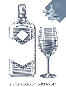 Hand drawn vector illustration with alcohol bottle and drink in glass. Black elements isolated on white background.