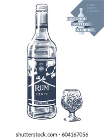 Hand drawn vector illustration with alcohol bottle of rum and drink in crystal glass. Black elements isolated on white background.