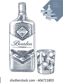Hand drawn vector illustration with alcohol bottle of bourbon and ice drink in glass. Black elements isolated on white background.