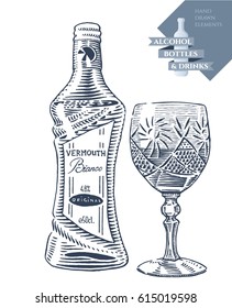 Hand drawn vector illustration with alcohol bottle of vermouth and drink in crystal glass. Black elements isolated on white background.