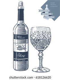 Hand drawn vector illustration with alcohol bottle of wine and drink in crystal glass. Black elements isolated on white background.
