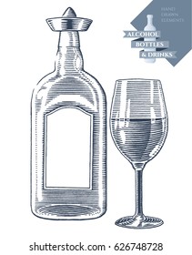 Hand drawn vector illustration with alcohol bottle and drink in glass. Black elements isolated on white background.