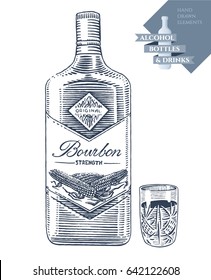 Hand drawn vector illustration with alcohol bottle of bourbon and drink in crystal glass. Black elements isolated on white background.