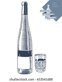Hand drawn vector illustration with alcohol bottle and drink in crystal glass. Black elements isolated on white background.
