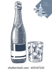Hand drawn vector illustration with alcohol bottle and drink in glass. Black elements isolated on white background.