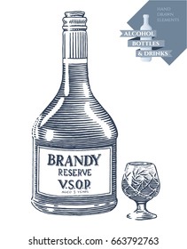 Hand drawn vector illustration with alcohol bottle of brandy and drink in crystal glass. Black elements isolated on white background.