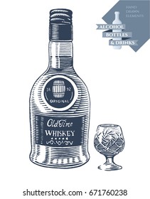 Hand drawn vector illustration with alcohol bottle of whiskey and drink in crystal glass. Black elements isolated on white background.