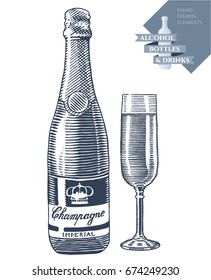 Hand drawn vector illustration with alcohol bottle of champagne and glass. Black elements isolated on white background.