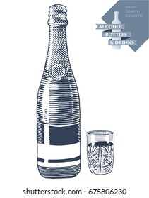 Hand drawn vector illustration with alcohol bottle and drink in crystal glass. Black elements isolated on white background.
