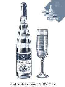 Hand drawn vector illustration with alcohol bottle of wine and glass. Black elements isolated on white background.