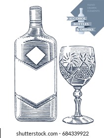 Hand drawn vector illustration with alcohol bottle and drink in crystal glass. Black elements isolated on white background.