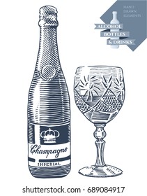 Hand drawn vector illustration with alcohol bottle of champagne and crystal glass. Black elements isolated on white background.