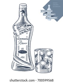 Hand drawn vector illustration with alcohol bottle of vermouth and drink in glass. Black elements isolated on white background.
