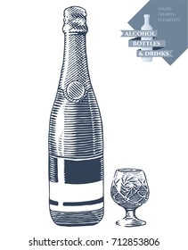 Hand drawn vector illustration with alcohol bottle and drink in crystal glass. Black elements isolated on white background.