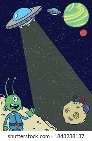 Hand Drawn Vector Illustration Alien In Space on a Planet with Spaceship and Stars Background, Children's Alien Themed Custom Invitation 