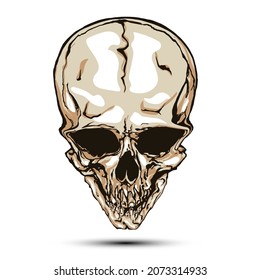 Hand drawn vector illustration of alien monstrous deformed skull screaming isolated on white background.