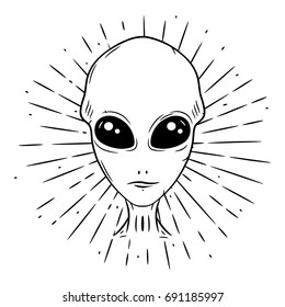 Hand drawn vector illustration with a Alien and divergent rays. Used for poster, banner, web, t-shirt print, bag print, badges, flyer, logo design and more. Cartoon alien face. Alien head.