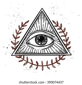 Hand drawn vector illustration - All seeing eye pyramid symbol. Freemason and spiritual. Vintage