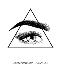 Hand drawn vector illustration - All seeing eye pyramid symbol. Freemason and spiritual. Vintage