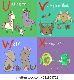 Hand drawn vector illustration of alphabet animals from U to X
