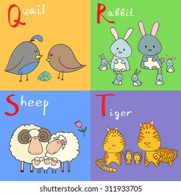 Hand drawn vector illustration of alphabet animals from Q to T