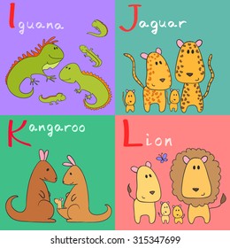 Hand drawn vector illustration of alphabet animals from I to L