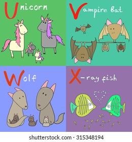 Hand drawn vector illustration of alphabet animals from U to X