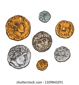 Hand drawn vector illustration ancient Rome gold and silver coins