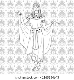 Hand drawn Vector illustration. Ancient Egyptian woman in traditional costumes for adult coloring book