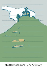 Hand drawn vector illustration of an ancient Christian church on a hilltop. Minimal landscape sketch with a historic temple, mountain scenery and rural architecture in a textured pencil style.