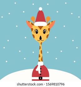 Hand drawn vector illustration of animal, giraffe in Santa claus hat. hand drawn animal in Santa Claus.